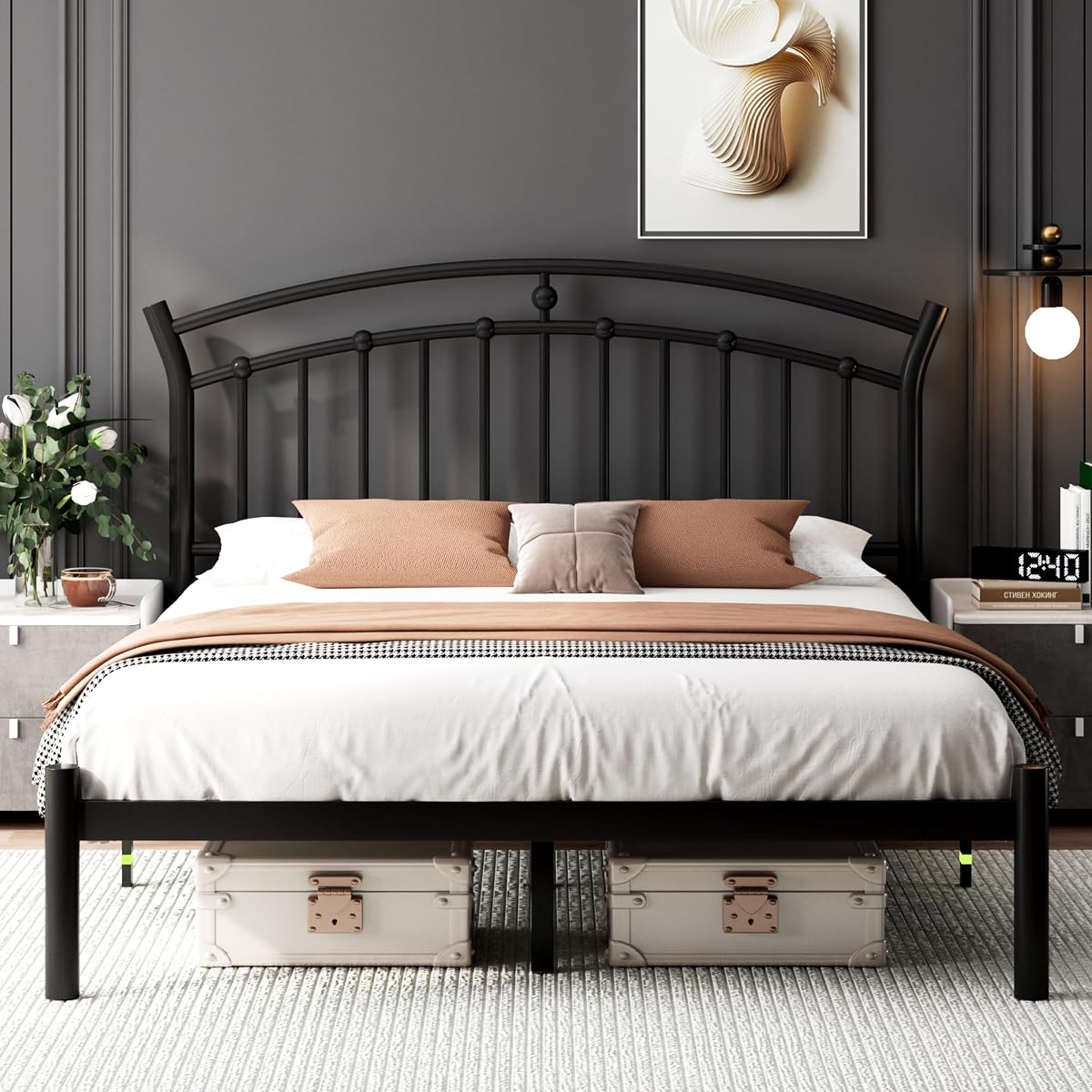 Full Black Bed Frame, Heavy-Duty Metal Bed Frame with 13 Hardened Steel Slats
