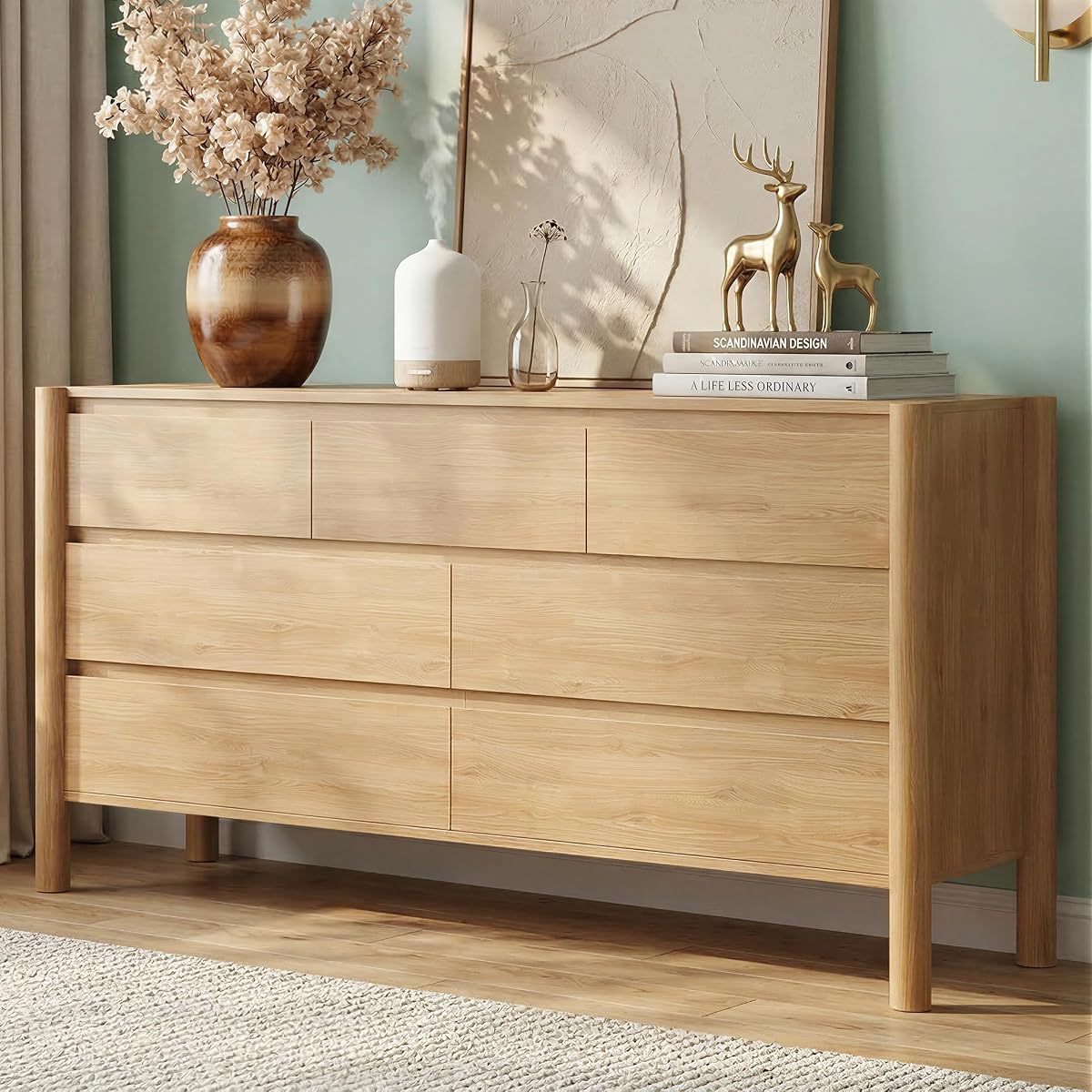 51.1" Wide Oak 7 Drawer Dresser for Bedroom with Solid Wood Legs
