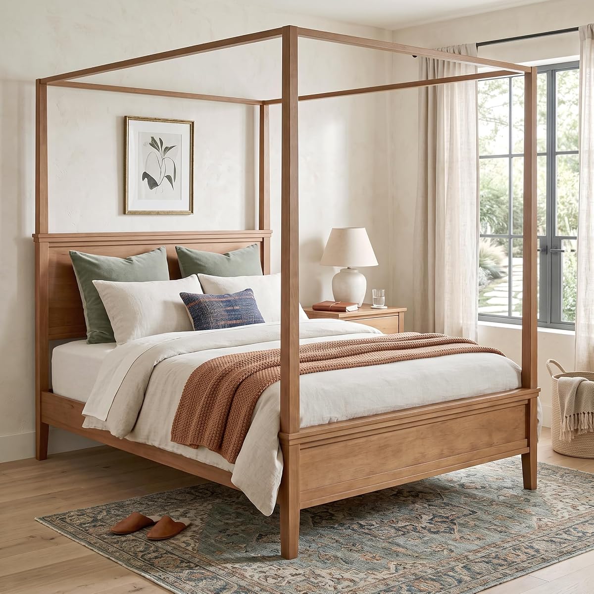 Rustic Farmhouse King Size 4-Poster Canopy Platform Bed with Headboard