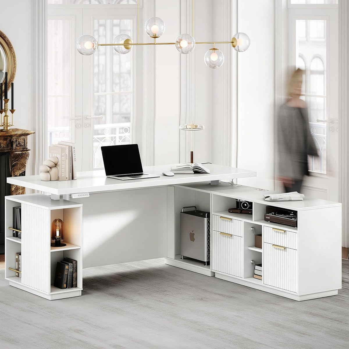 70 Inch Executive Standing Desk with File Cabinet, L Shaped Electric Height Adjustable Desk with AC/USB and Privacy Panel, Computer Corner Table for Home Office, White