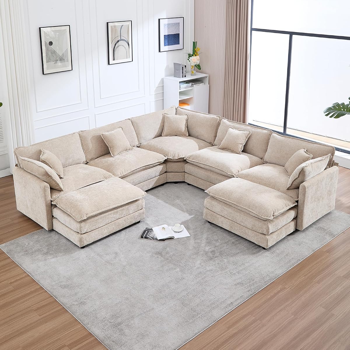 Oversized Modular Sectional Sofa, 7 Seater Deep Seat Cloud Couch Sectional | Chenille U Shaped Corner Couch | 7 Pillows, 2 Ottomans | Sectional Couches for Spacious Living Room, Large Families| Camel