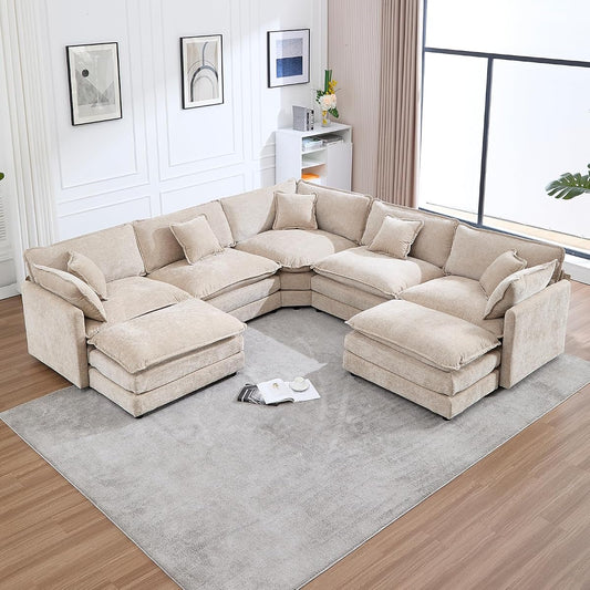 Oversized Modular Sectional Sofa, 7 Seater Deep Seat Cloud Couch Sectional | Chenille U Shaped Corner Couch | 7 Pillows, 2 Ottomans | Sectional Couches for Spacious Living Room, Large Families| Camel