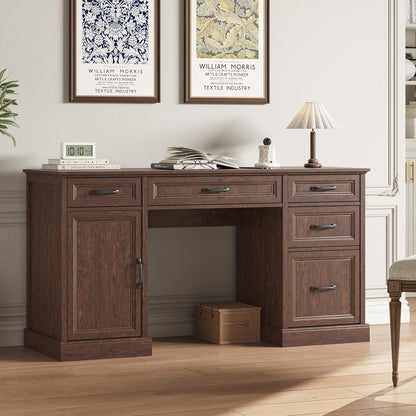 58'' Farmhouse Executive Desk with Drawers, Home Office Desk with File Drawer and Storage Cabinet, Rustic Computer Desk for Working, Studying, Writing, Brown