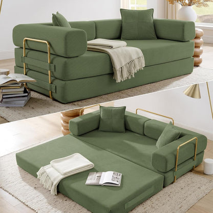 Convertible Folding Sofa Bed, Modern Futon Sleeper Sofa Fold Out Couch Bed with Gold Fixed Frame, Modular Floor Sofas Comfy Corduroy Boneless Couches for Living Room (78" Green)