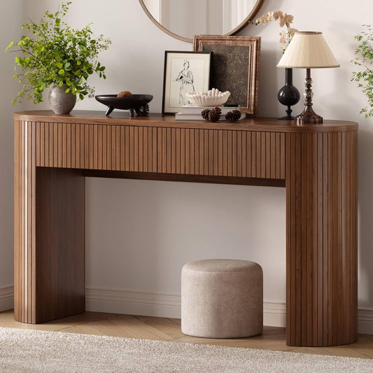 55 Inch Console Table with 2 Drawers, Fluted Entryway Tables with Storage, Sofa Table behind the Couch, Hallway Tables, Mid-Century Modern Foyer Table for Entryway, Hallway, Living Room, Walnut
