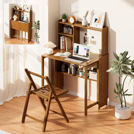 Folding Desk with Bookshelf, Compact Foldable Desk for Small Spaces,Brown