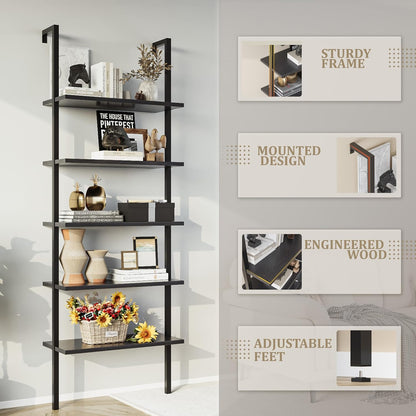 5-Tier Bookshelf, Wall Mount Ladder Shelf with Wood Board and Industrial Metal Frame, for Home Office, Living Room, Bedroom, Entryway and Hallway, (1, Black)
