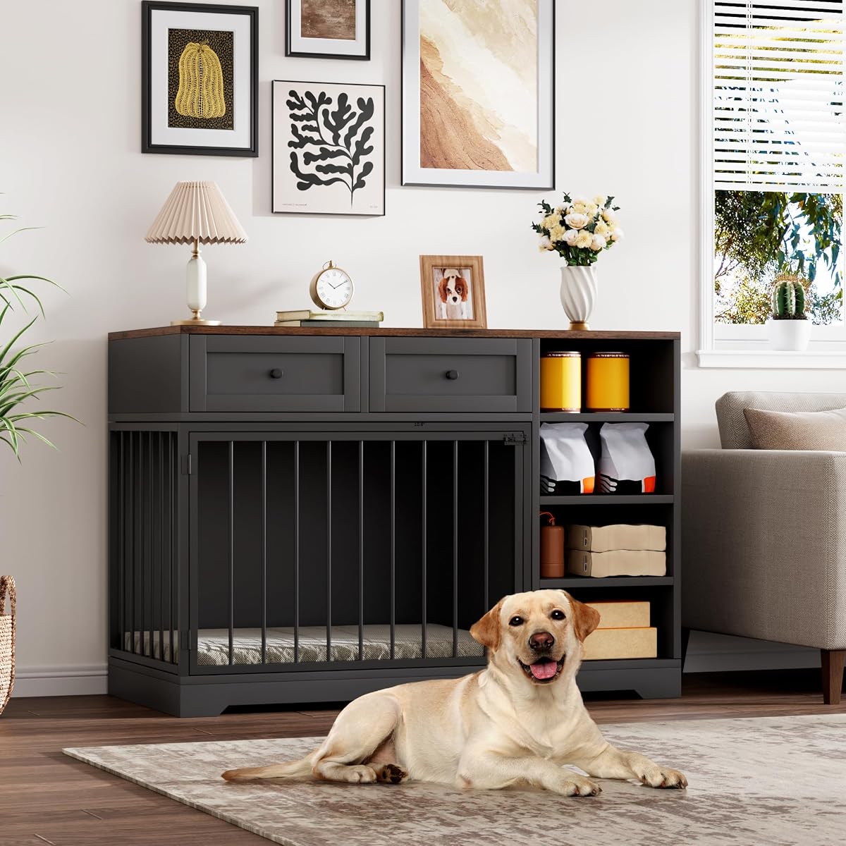 47" Medium Dog Crate Furniture with Storage, Black