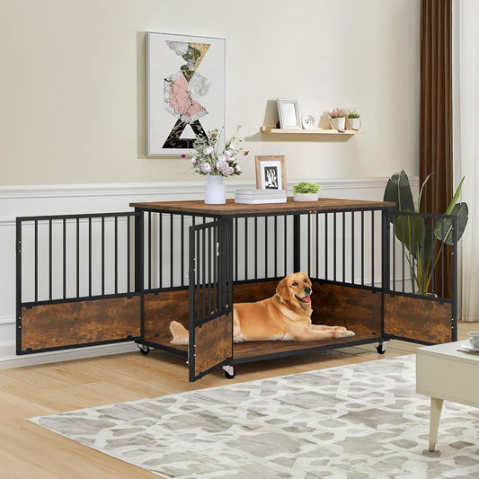 43" Dog Crate Furniture with Wheels, Wooden Side End Table, Double-Doors Dog Kennel Indoor for Small/Medium/Large Dogs, Escape Proof Dog House Dog Cage, Rustic Brown