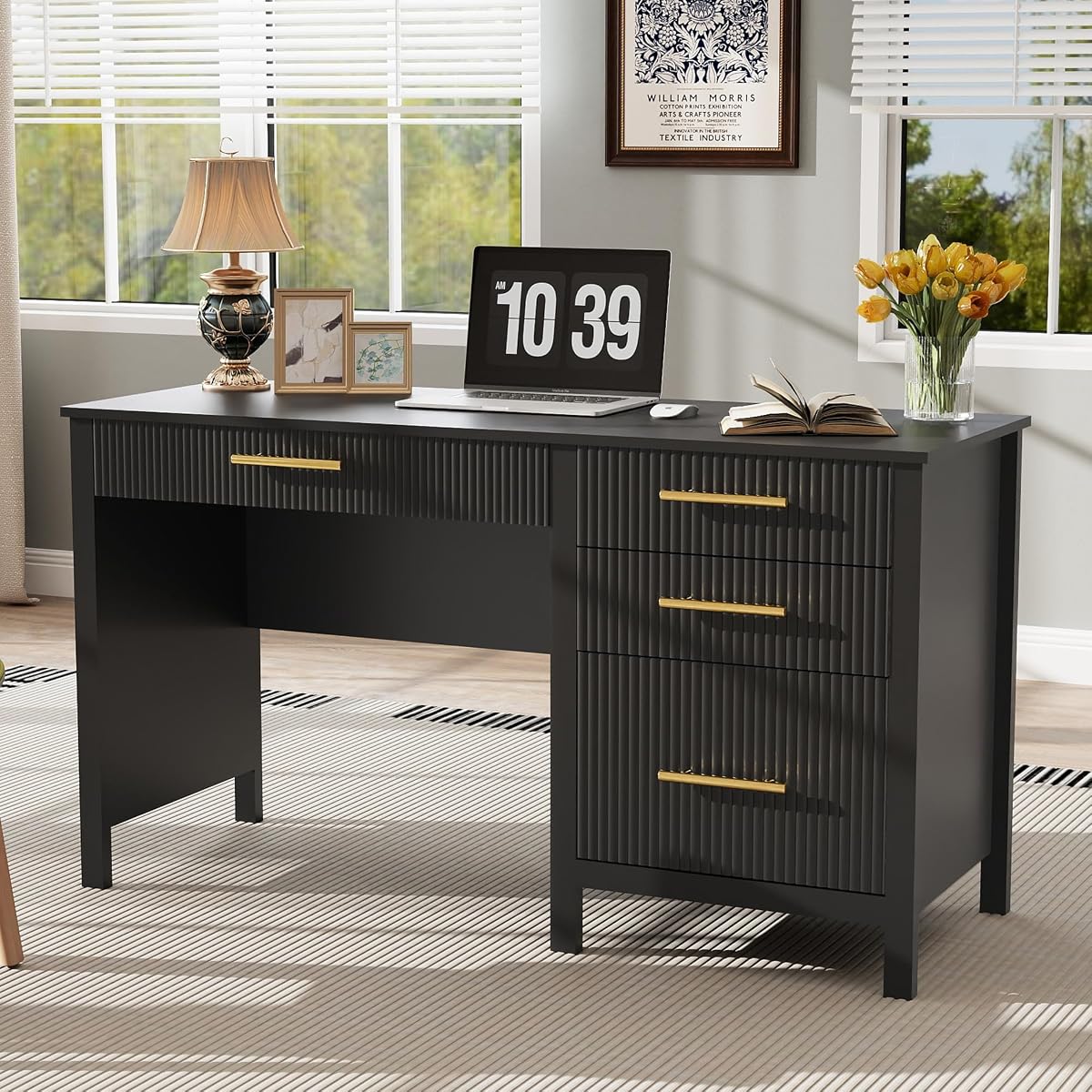 Executive Desk with Drawers: 54" Black Home Office Desks with File Drawer