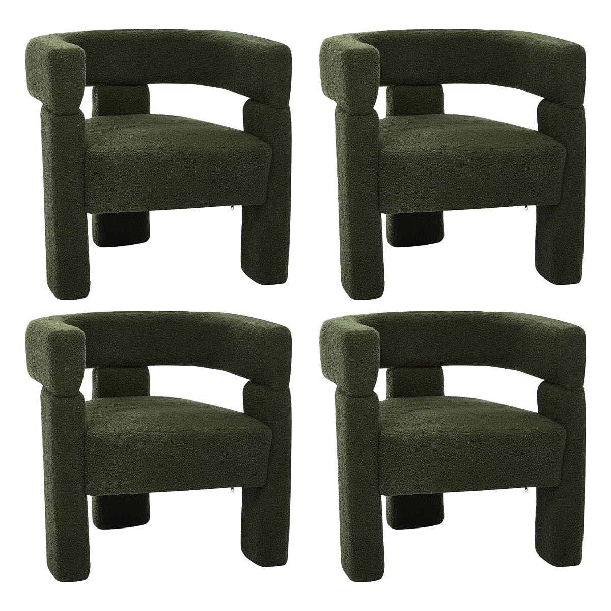 Boucle Sherpa Dining Chairs Set of 4, Comfy Upholstered Side Armchairs Barrel Side Chairs with 3 Legs, Mid Morden Century Dining Room Chairs for Bedroom,Kitchen,Dining,Living,Balcony,Reception, Green