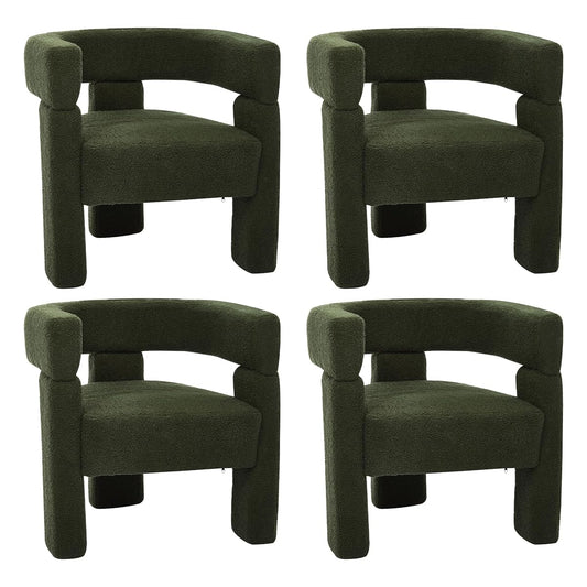 Boucle Sherpa Dining Chairs Set of 4, Comfy Upholstered Side Armchairs Barrel Side Chairs with 3 Legs, Mid Morden Century Dining Room Chairs for Bedroom,Kitchen,Dining,Living,Balcony,Reception, Green