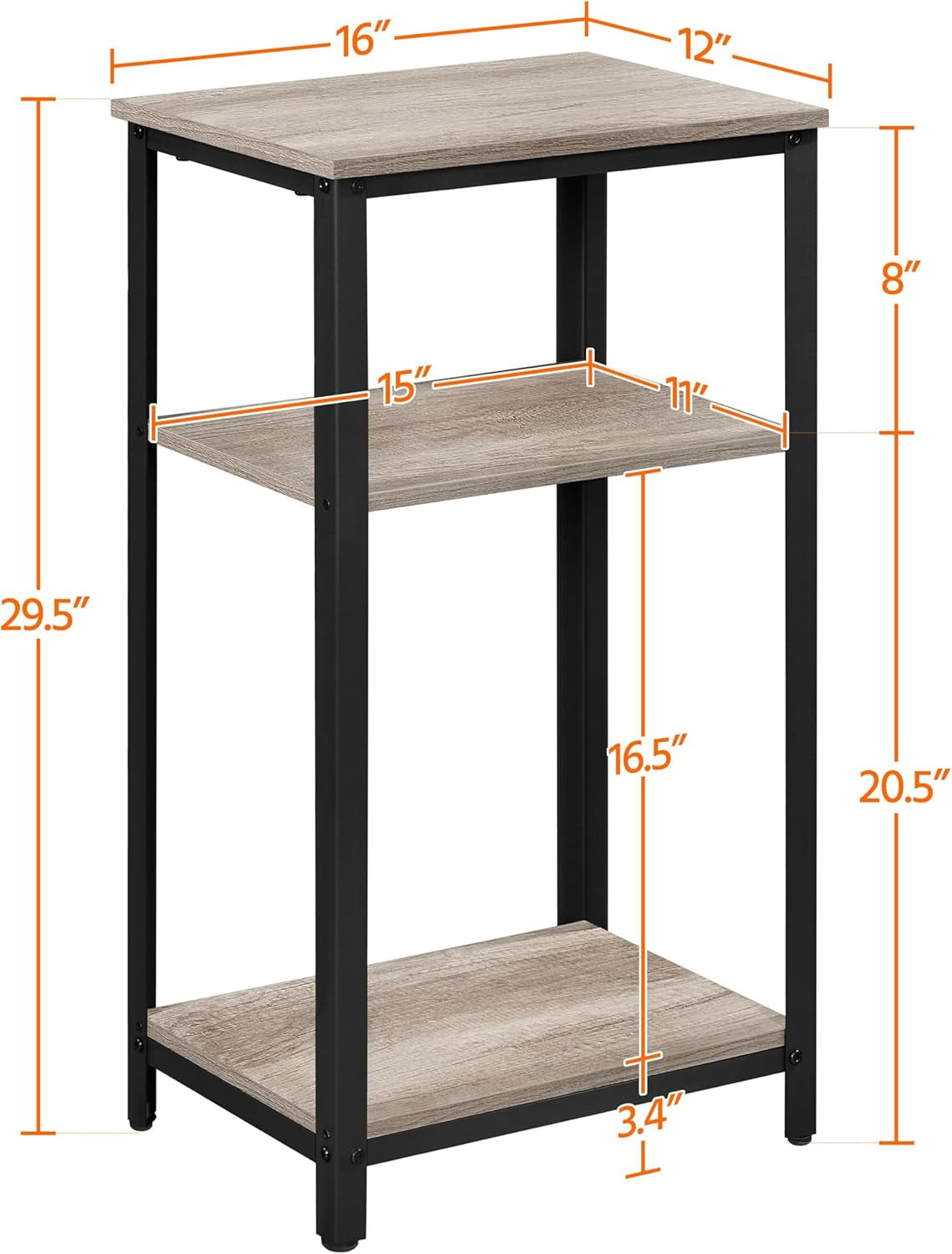 30 in Tall End Table, 3-Tier with Strong Wooden Shelves, Small Side Table with Metal Frame for Living Room Office, Small Places, Gray