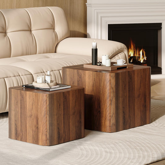 Nesting Coffee Table Set of 2, Modern Coffee Table and End Table Sets, Small Wooden Nesting Side Tables for Living Room Bedroom Apartment(Walnut)