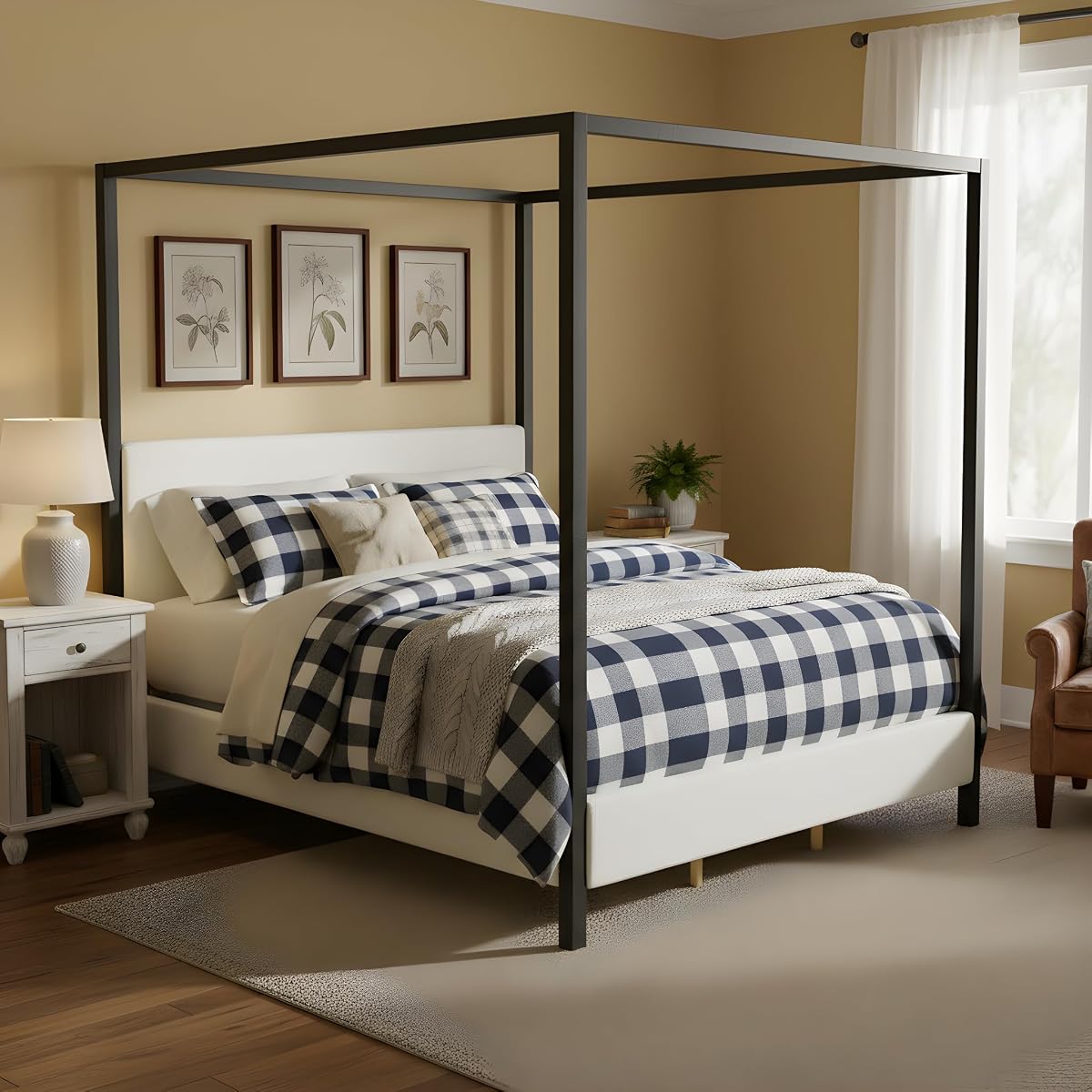 Modern King Szie Metal Canopy Bed with Plush Bouclé Upholstery