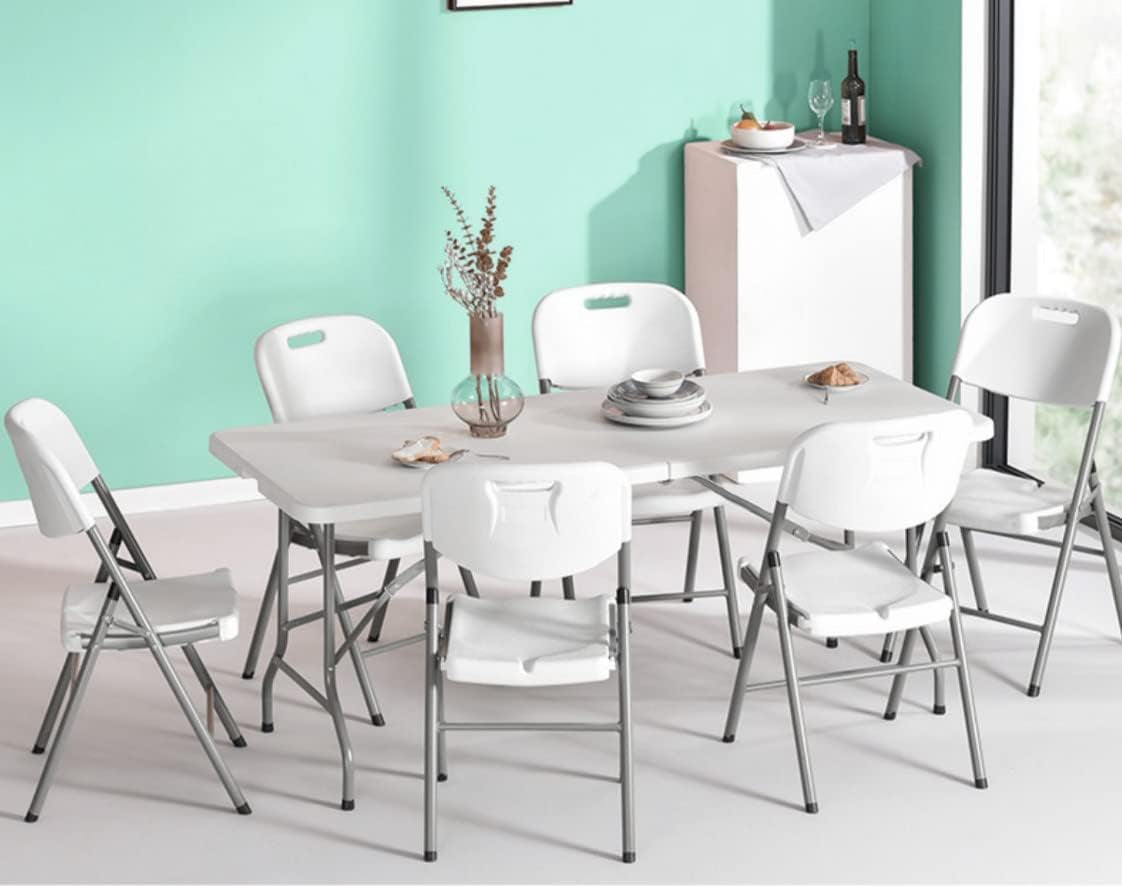 6 Foot Folding Table 6Ft Foldable Portable Plastic Tables for Party, Fold-In-Half Heavy Duty Table, 6’ Utility Dining Card Long Table, Indoor Outdoor Fold up for Picnic, Camping, White, Large