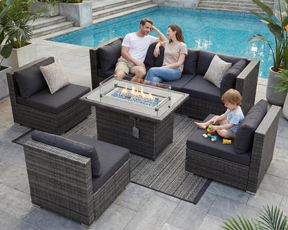 Extra Large Rattan Patio Furniture Set with Gas/Propane Fire Pit Table, 29.3'' High Back Comfy Outdoor Sofa Conversations, 7 Piece Moden Deep Wide Seated Sectional Couch for Backyard, Gray
