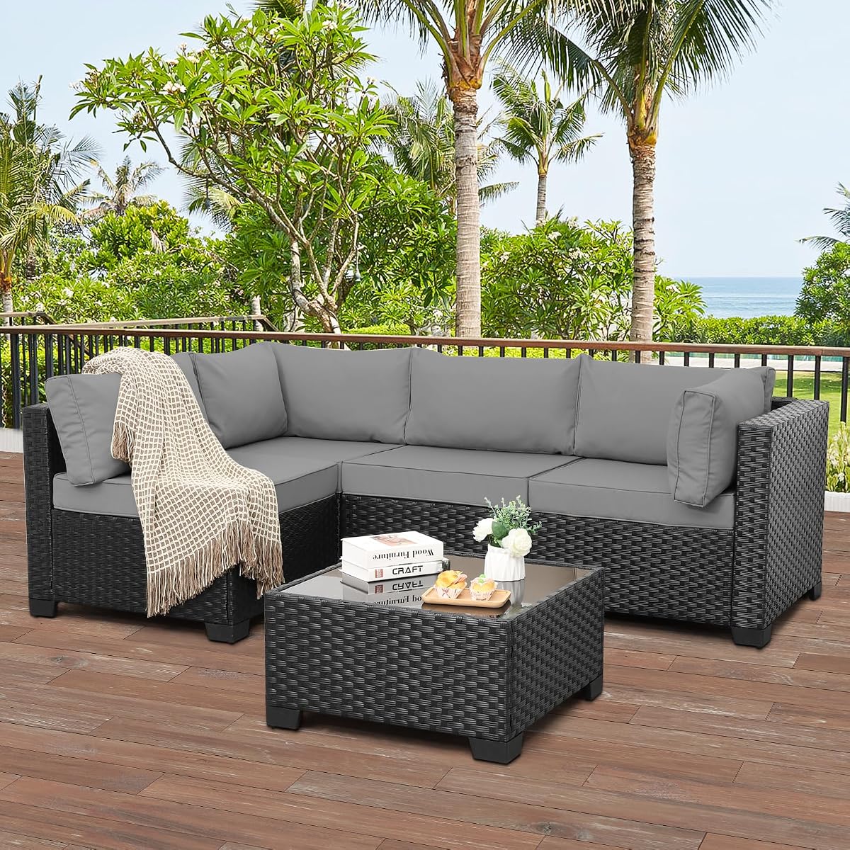 Outdoor 5 Piece Patio Furniture Set, Black Rattan Conversation Couch Resin Wicker Sectional Sofa Outside Chair with Coffee Table, Grey Cushion
