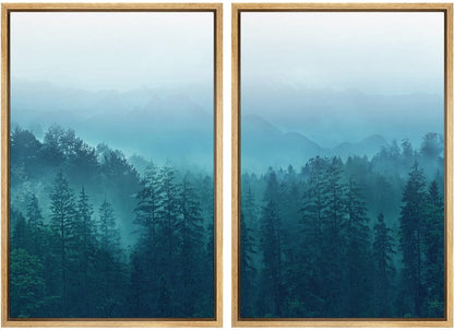 Framed Canvas Print Wall Art Set Woodland Nursery Decor Teal Mist & Fog Forest Tree Valley Nature Wilderness Decorative Landscape Zen for Living Room, Bedroom, Office - 24"x36"x2 Natural