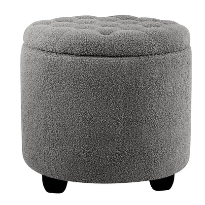 Modern Round Storage Ottoman, Upholstered Button Tufted Ottoman Footstool Ottomans with Removable Lid Storage Footstool for Living Room, Bedroom, Makeup Room, Teddy, Grey