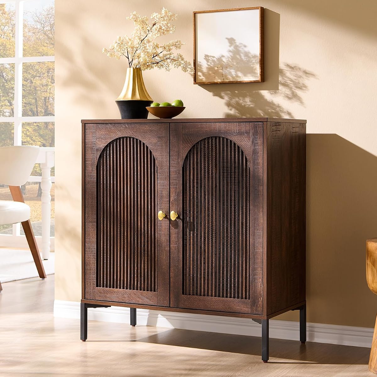 Modern Buffet Cabinet with Storage, 34" Tall Fluted Arched Sideboard Cabinet w/Adjustable Shelves, Wooden Modular Coffee Bar for Dining Room, Kitchen, Living Room, Entryway, Brown