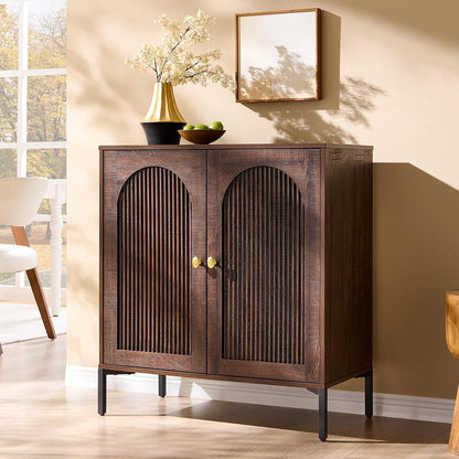 Modern Buffet Cabinet with Storage, 34" Tall Fluted Arched Sideboard Cabinet w/Adjustable Shelves, Wooden Modular Coffee Bar for Dining Room, Kitchen, Living Room, Entryway, Brown