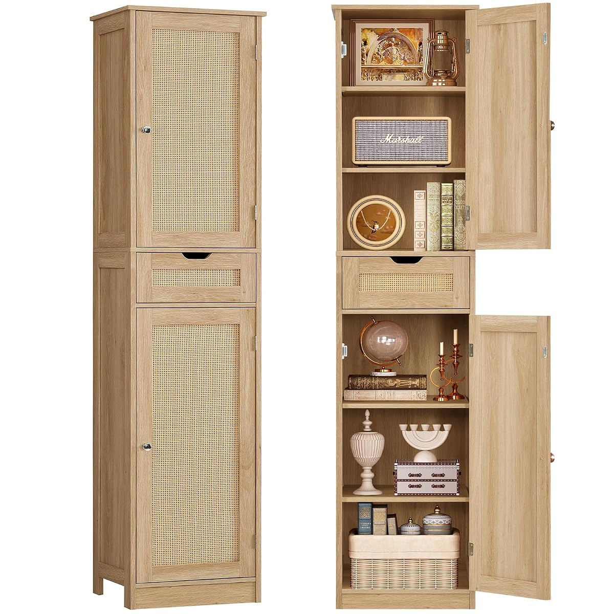 67" H Tall Storage Cabinet with 2 Rattan Doors and 1 Drawer, Narrow Rattan Cabinet with Adjustable Shelves, for Living Room, Entryway, Kitchen, Natural