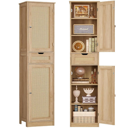 67" H Tall Storage Cabinet with 2 Rattan Doors and 1 Drawer, Narrow Rattan Cabinet with Adjustable Shelves, for Living Room, Entryway, Kitchen, Natural