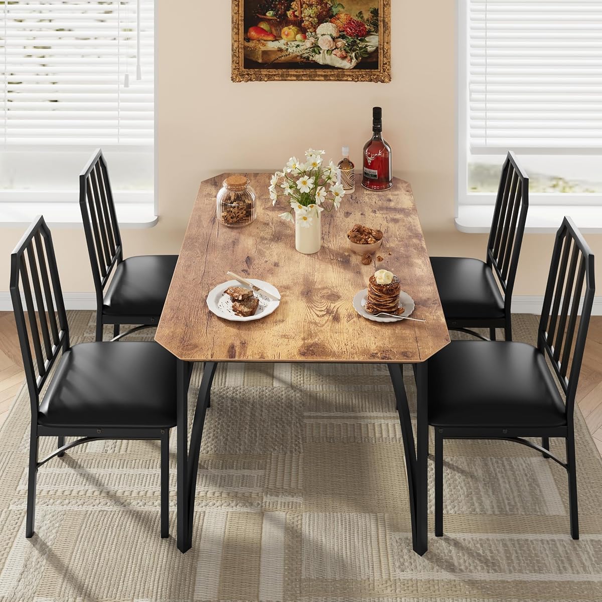 Dining Table Set for 4, Kitchen Table Set of 4 with Upholstered Cushion Chairs, Dining Room Table Set with Kitchen Chairs, Easy to Assemble, Suitable for Apartment - (Rustic Walnut)