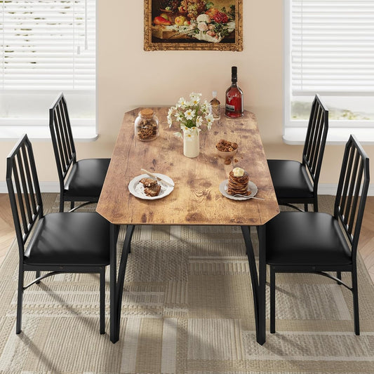 Dining Table Set for 4, Kitchen Table Set of 4 with Upholstered Cushion Chairs, Dining Room Table Set with Kitchen Chairs, Easy to Assemble, Suitable for Apartment - (Rustic Walnut)