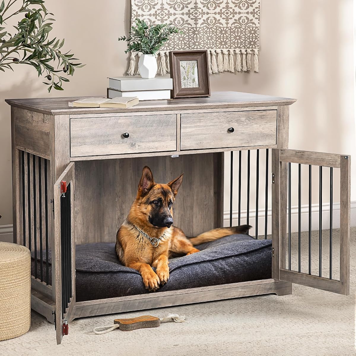 44-inch Wooden Dog Crate with 2 Storage Drawers, End Table, Grey
