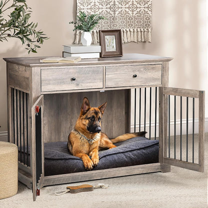 44-inch Wooden Dog Crate with 2 Storage Drawers, End Table, Grey
