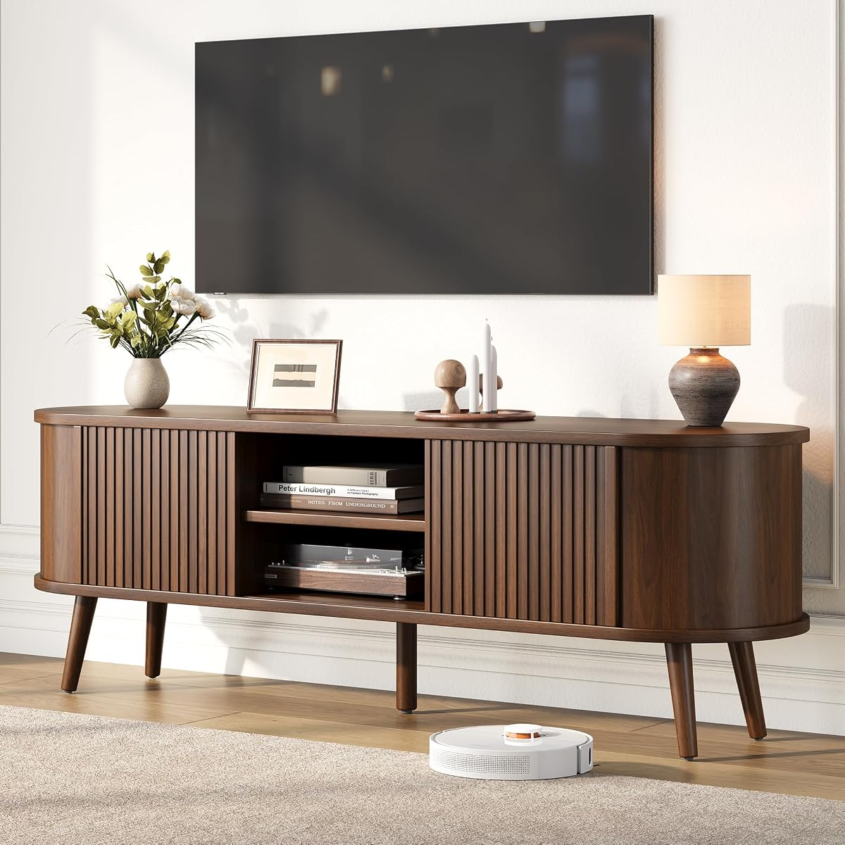 58" Mid Century Modern TV Stand for TVs up to 60 Inch, TV Console, Walnut