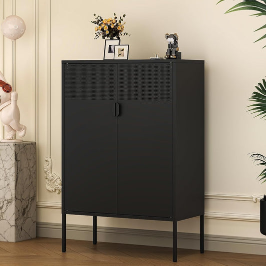 Black Metal Storage Cabinet with 2 Doors - 47''H Locker Cabinet, 3 Tier Locker Door with Adjustable Shelves,Metal Sideboard for Home, Living Room,Office Kitchen and Bathroom