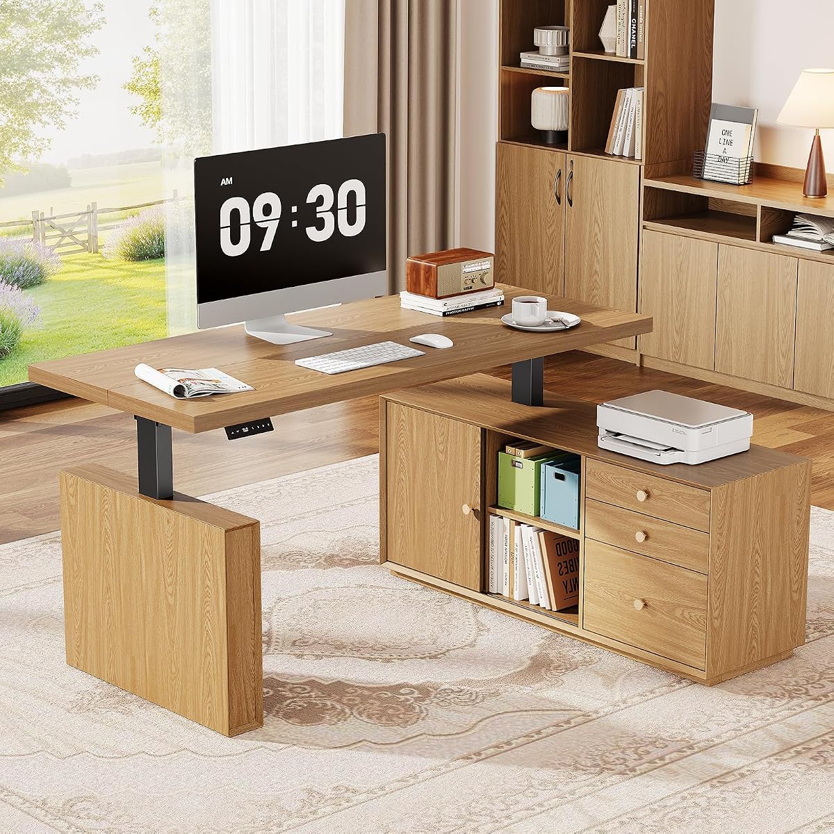 55" L Shaped Standing Desk w/File Cabinet, Sit Up Desk, Oak Brown