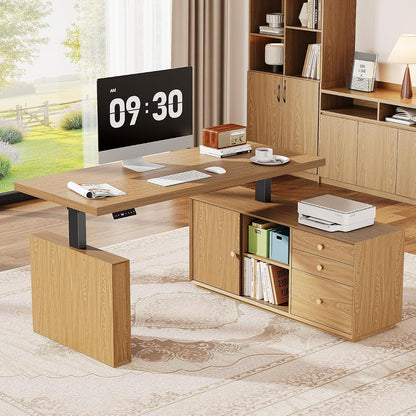 55" L Shaped Standing Desk w/File Cabinet, Sit Up Desk, Oak Brown