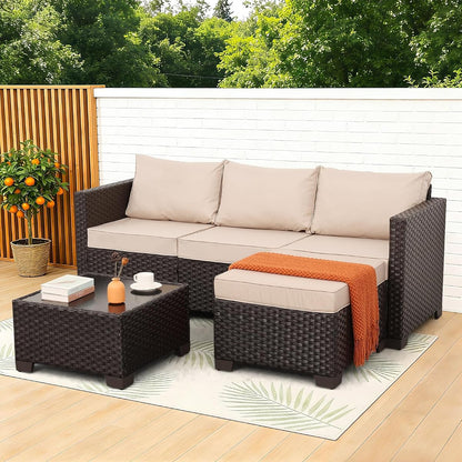 Patio Furniture Set 3 Piece Outdoor Sectional Sofa Set with Wicker Couch, Ottoman, Patio Table All-Weather Non-Slip Cushions and Waterproof Covers, Khaki