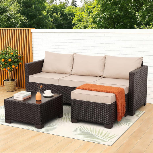 Patio Furniture Set 3 Piece Outdoor Sectional Sofa Set with Wicker Couch, Ottoman, Patio Table All-Weather Non-Slip Cushions and Waterproof Covers, Khaki