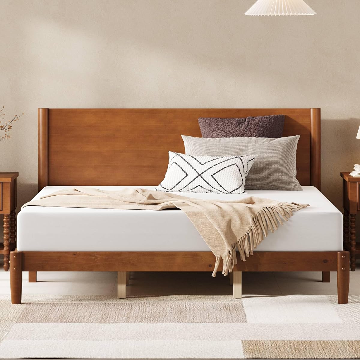 Solid Wood King Bed Frame, Mid Century Bed with Headboard, Brown