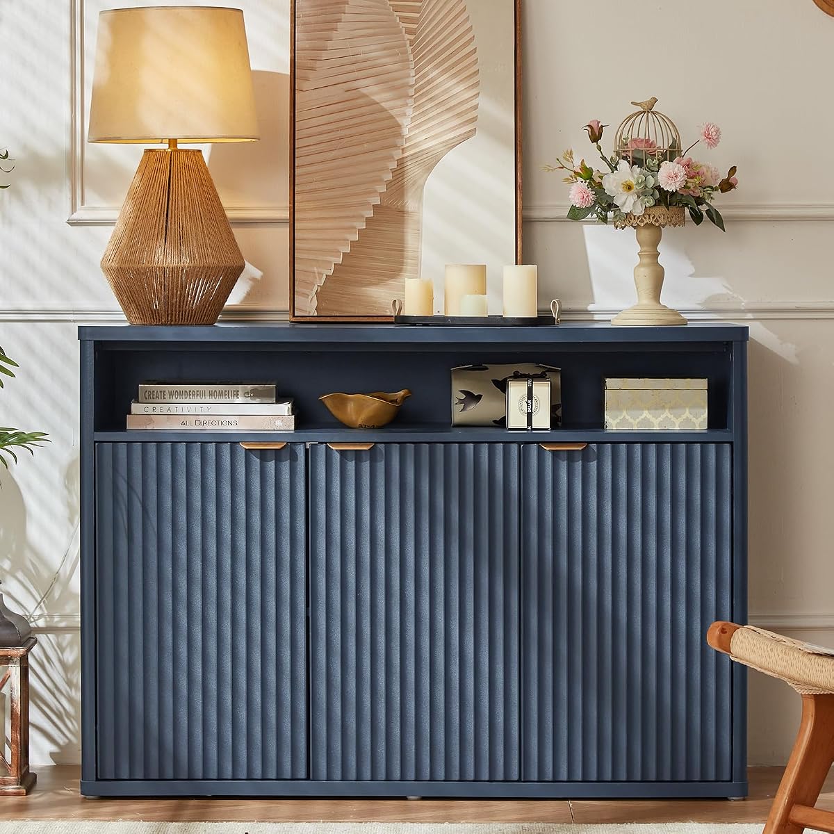 45-Inch Fluted Buffet Cabinet with 3 Doors,Dark Blue