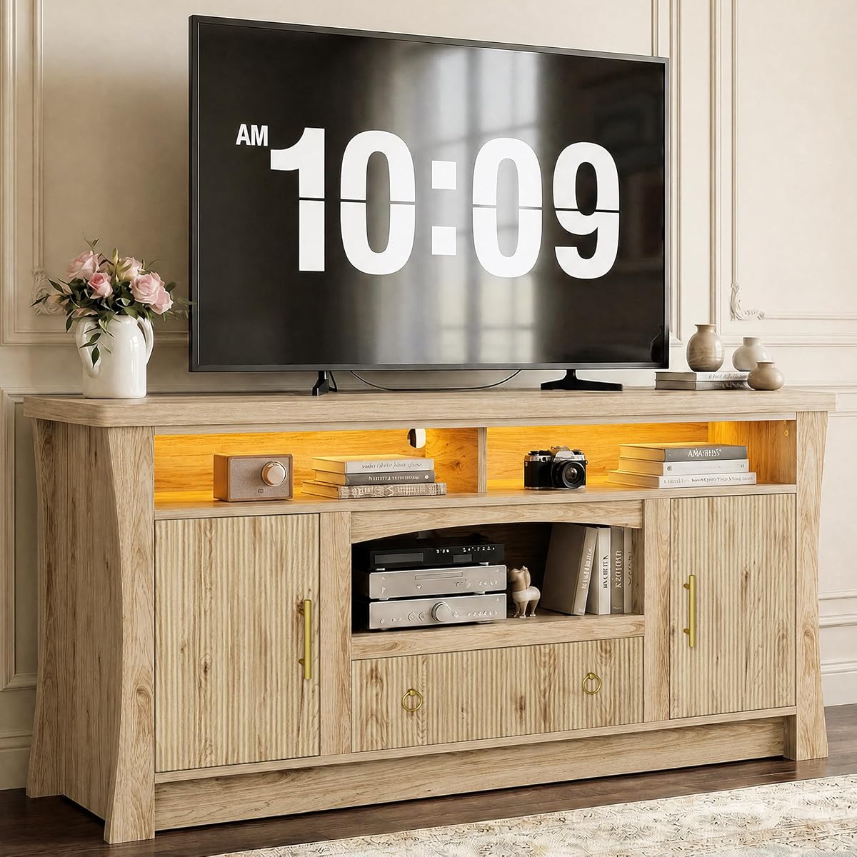 TV Stand for 65 inch TVs, Entertainment Center with Power Outlet and Led Lights, TV Console with Storage Cabinets and Drawer, TV Stands for Living Room