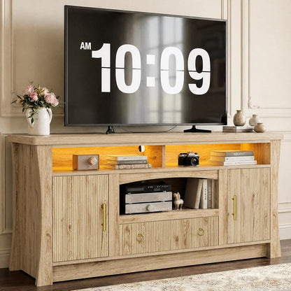 TV Stand for 65 inch TVs, Entertainment Center with Power Outlet and Led Lights, TV Console with Storage Cabinets and Drawer, TV Stands for Living Room