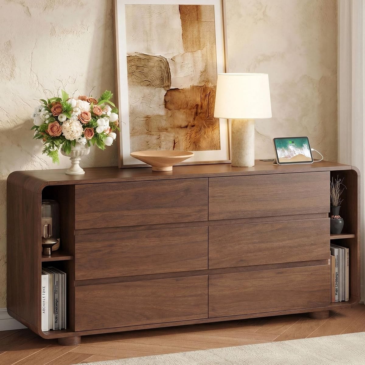 63 Inch 6 Drawer Dresser with Shelves, Rounded Corner, Walnut