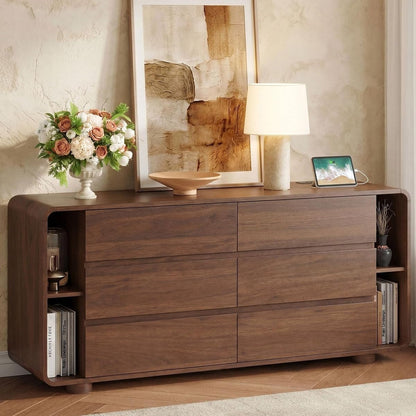 63 Inch 6 Drawer Dresser with Shelves, Rounded Corner, Walnut