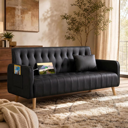 57” W Loveseat Sofa, Small Black Faux Leather Couch w/USB Charging Ports & Pockets, Mid Century Modern Tufted Love Seat Couches, Mini Office Sofa Couch for Small Spaces, Bedroom, Apartment