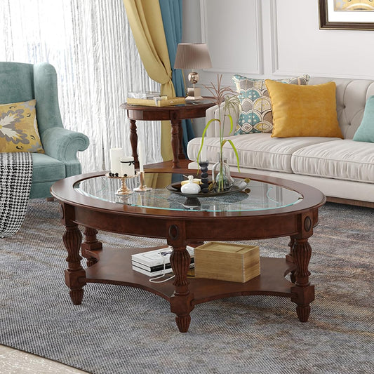 Solid Wood Oval Coffee Table with Glass Top&Shelf, 44.9"W*34"D | Cherry Walnut Wood Glass Sofa Center Table for Home Office, Vintage Cocktail Table with Storage Shelf, Fits Any Styles