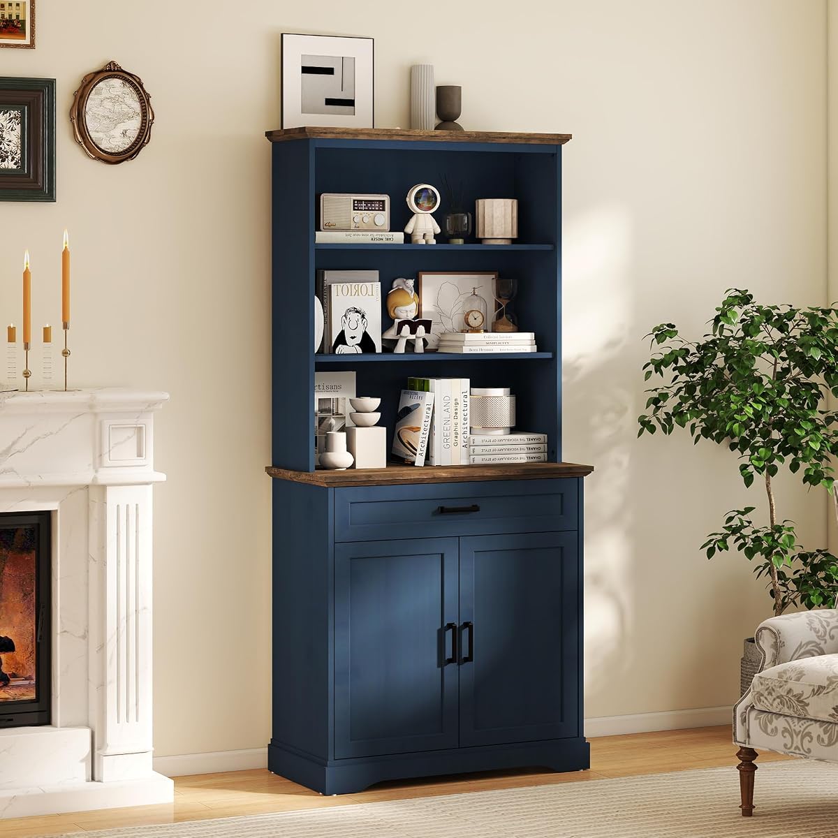 72" Bookcase with Doors & Drawer, Blue Adjustable Bookshelf with Cabinet