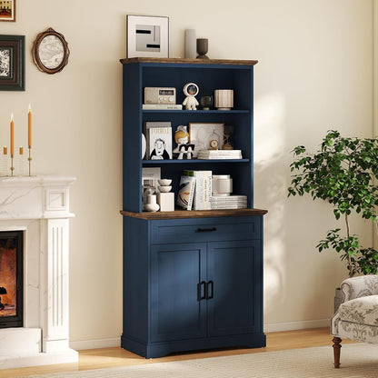 72" Bookcase with Doors & Drawer, Blue Adjustable Bookshelf with Cabinet