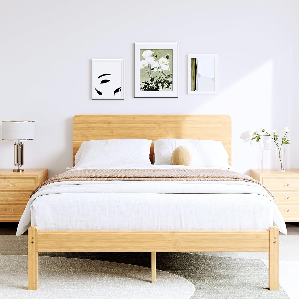 Queen Size Bamboo Wood Platform Bed Frame with Headboard, Natural