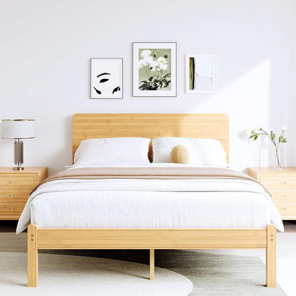 Queen Size Bamboo Wood Platform Bed Frame with Headboard, Natural